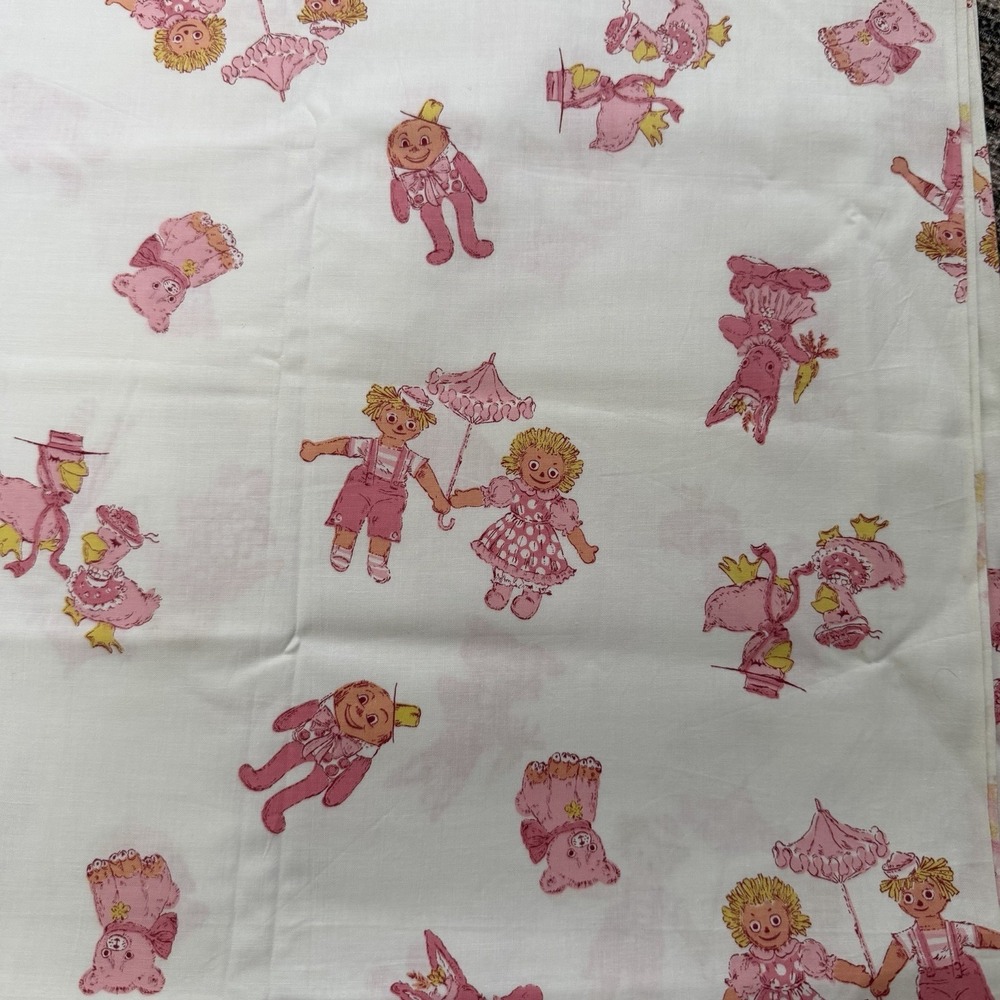 VTG Fabric Raggedy Ann‎ Andy Humpty Dumpty Scary Bunny Mother Goose Pink  65x36"